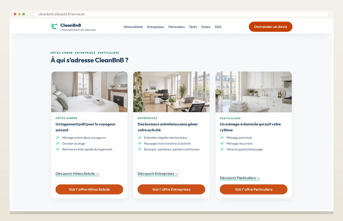 CleanBnB — Les services, présentés sans surcharge.