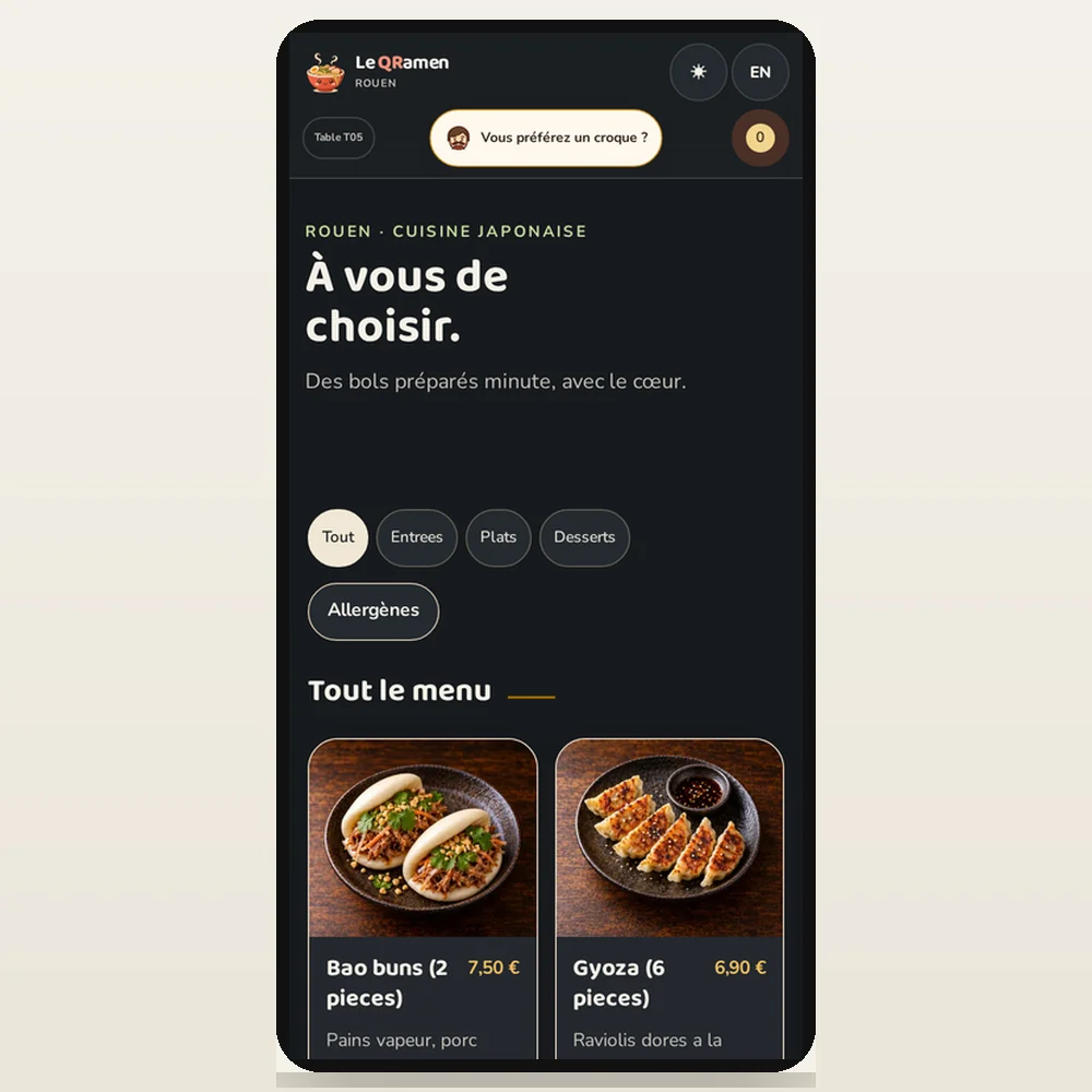 Le QRamen — la carte sur téléphone, ouverte par QR code